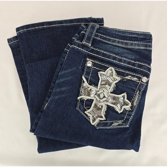 Miss Me Jeans Womens 26 Blue Mid Rise Boot Silver Embroidered Sequin Cross - Picture 1 of 12